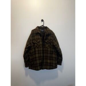 Cherokee Mens XL Quilted Lined Flannel Shirt Jacket Plaid Olive Green Brown